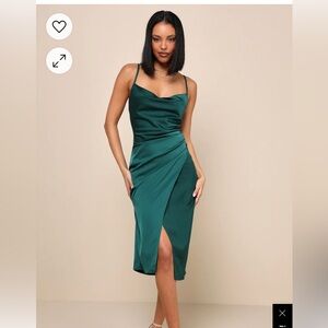 Lulu’s Dark Green Satin Midi Dress NWT